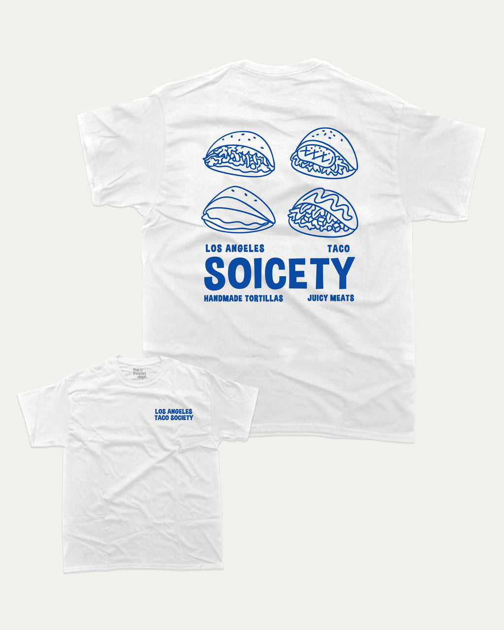 Los Angeles Taco Society graphic tee with bold and humorous print, Mexican Foods Graphic T shirt,  funny and trendy graphic. Perfect for adults and gift-giving. White shirt.