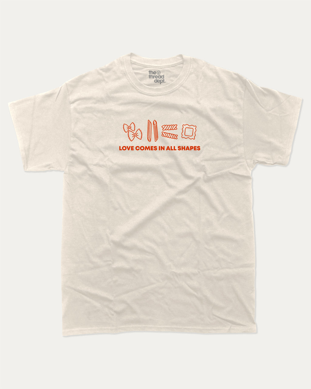 Love Comes In All Shapes graphic tee with bold and humorous print, funny and trendy graphic. Perfect for adults and gift-giving. Cream shirt.