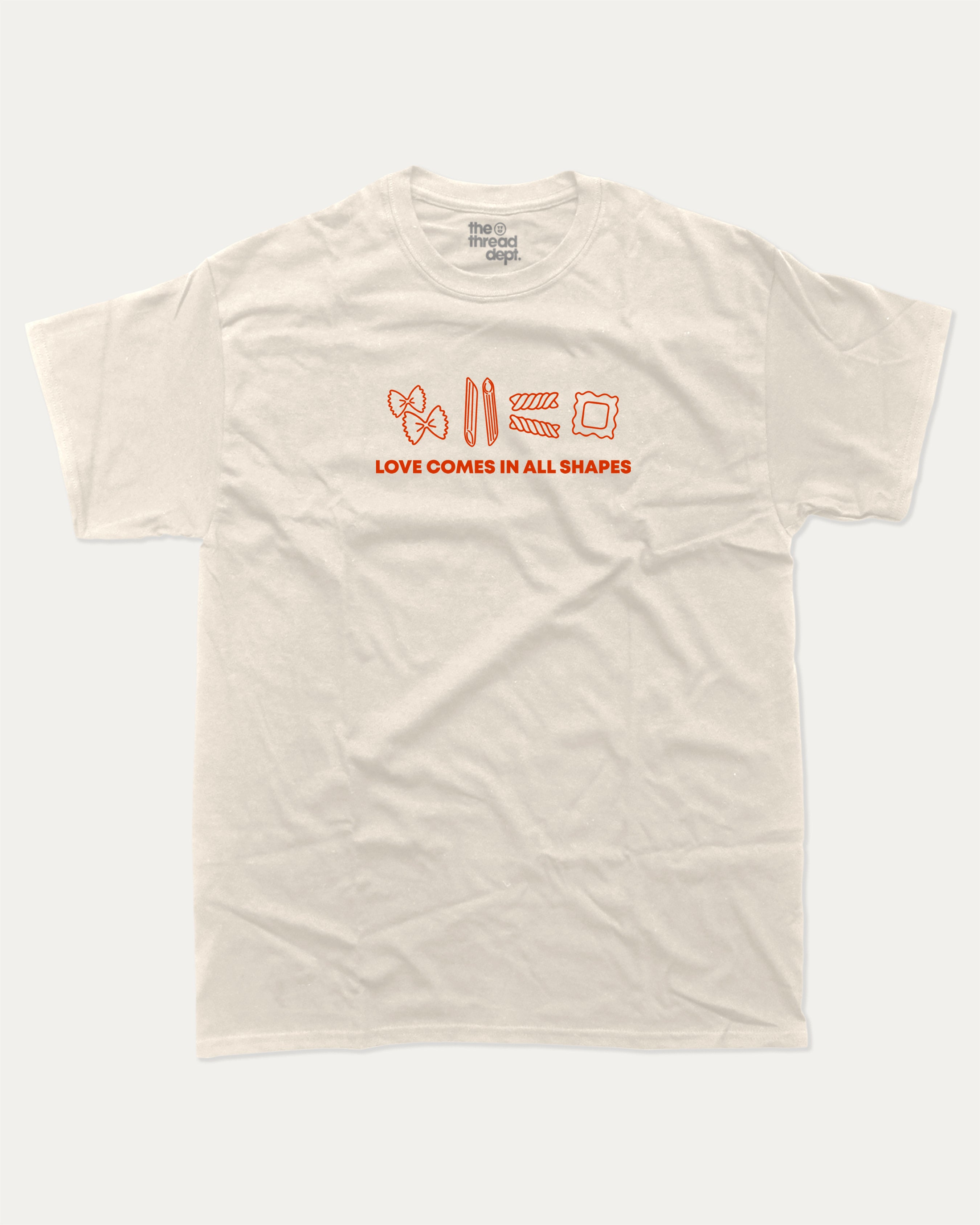 Love Comes In All Shapes graphic tee with bold and humorous print, funny and trendy graphic. Perfect for adults and gift-giving. Cream shirt.