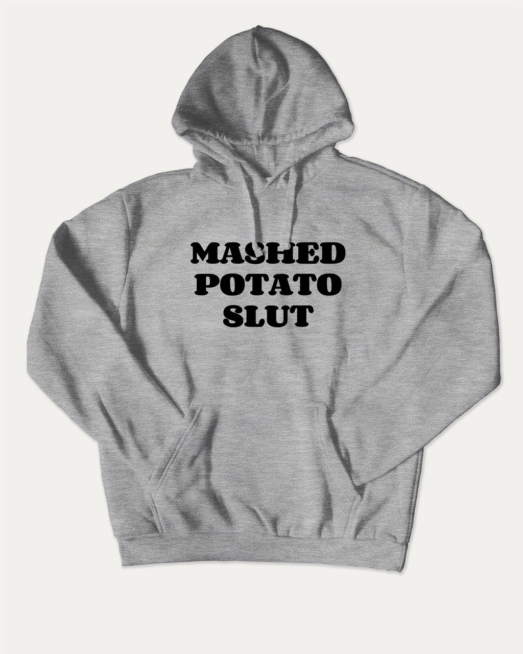 Mashed Potato Slut graphic hoodie with funny and trendy artwork, casual streetwear with bold personality. Great for adults and gifting. Heather Grey hoodie.