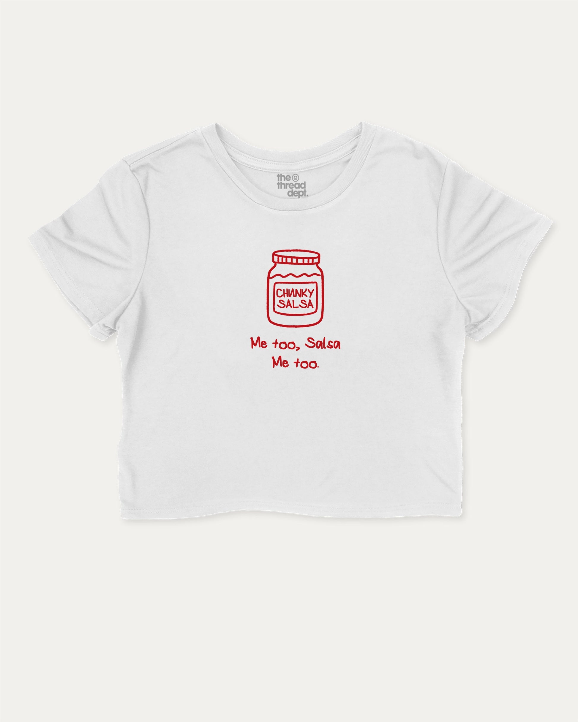 Me Too Salsa cute and trendy crop tee with nostalgic graphic, perfect for women. A must-have cropped aesthetic shirt, ideal for daily outfits and casual days. White crop tee