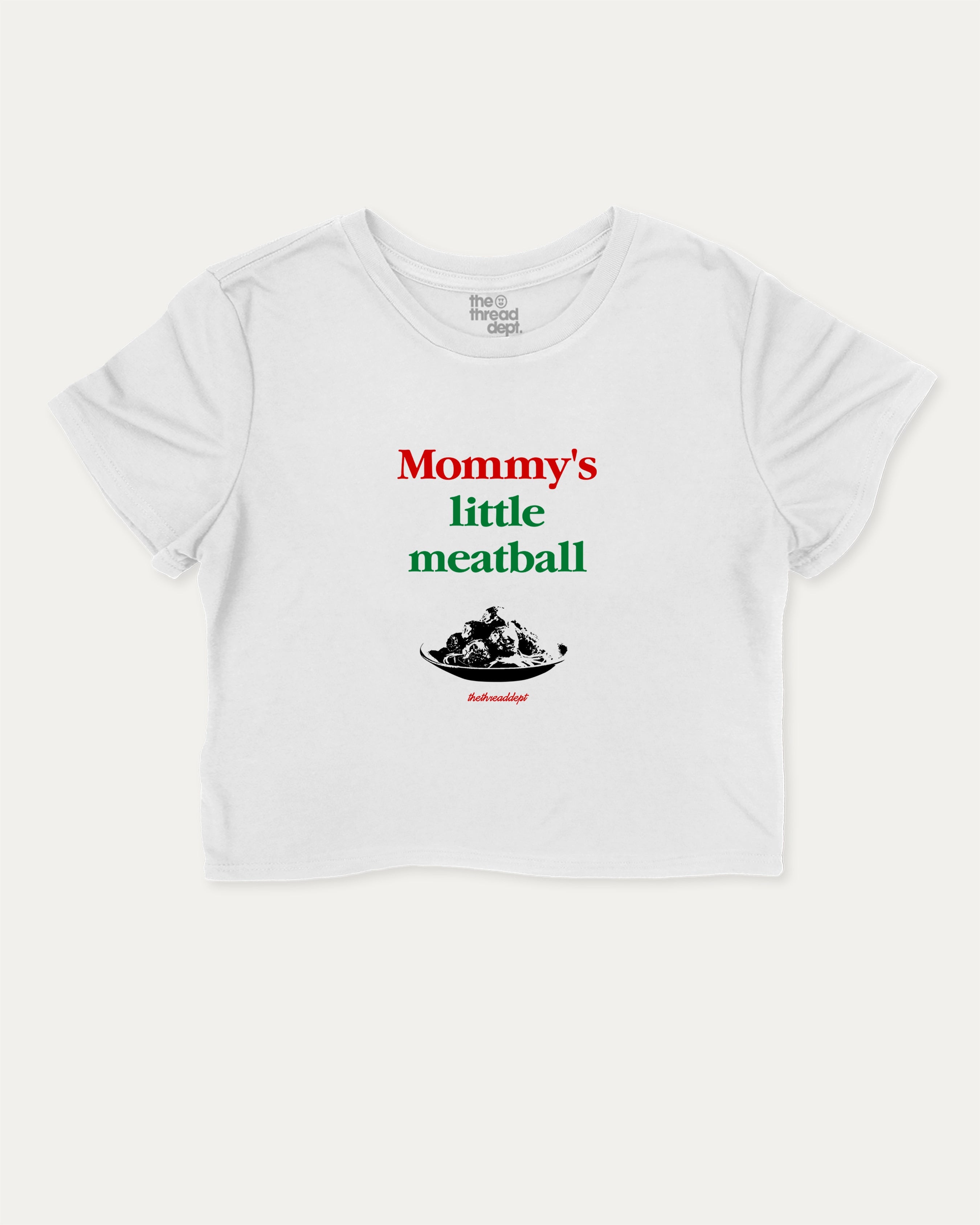 Mommy's Little Meatball graphic crop tee with funny and trendy slogan print, perfect for women’s casual looks or layering. White crop t-shirt.