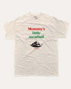 Mommy's Little Meatball graphic tee with bold and humorous print, funny and trendy graphic. Perfect for adults and gift-giving. Cream shirt.