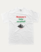 Mommy's Little Meatball graphic tee with bold and humorous print, funny and trendy graphic. Perfect for adults and gift-giving. White shirt.