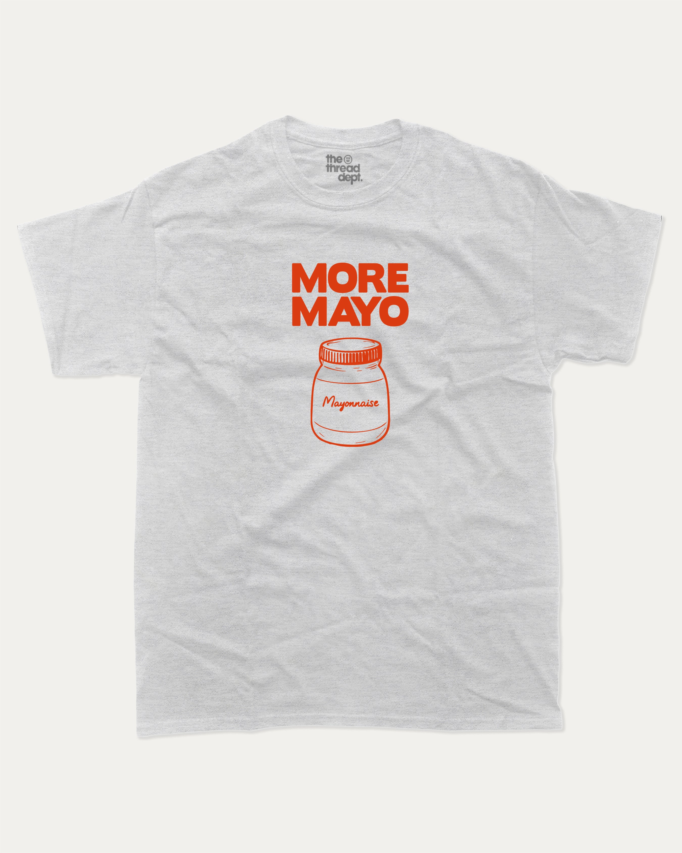 More Mayo graphic tee with retro and funny print, minimal food graphic. Perfect funny gifts for friends and gift-giving. Ash Grey shirt.