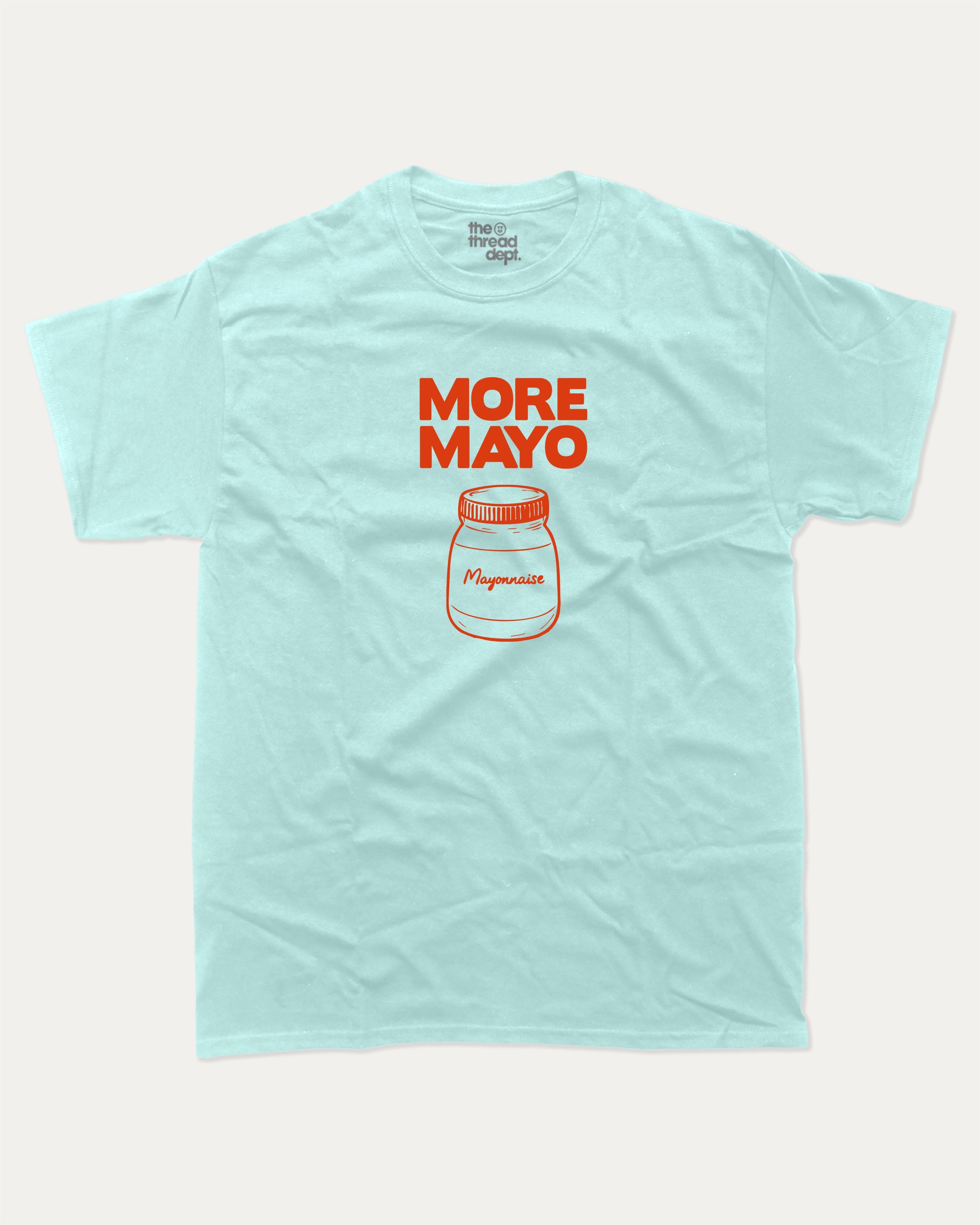 More Mayo graphic tee with retro and funny print, minimal food graphic. Perfect funny gifts for friends and gift-giving. Celadon shirt.