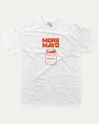 More Mayo graphic tee with retro and funny print, minimal food graphic. Perfect funny gifts for friends and gift-giving. White shirt.