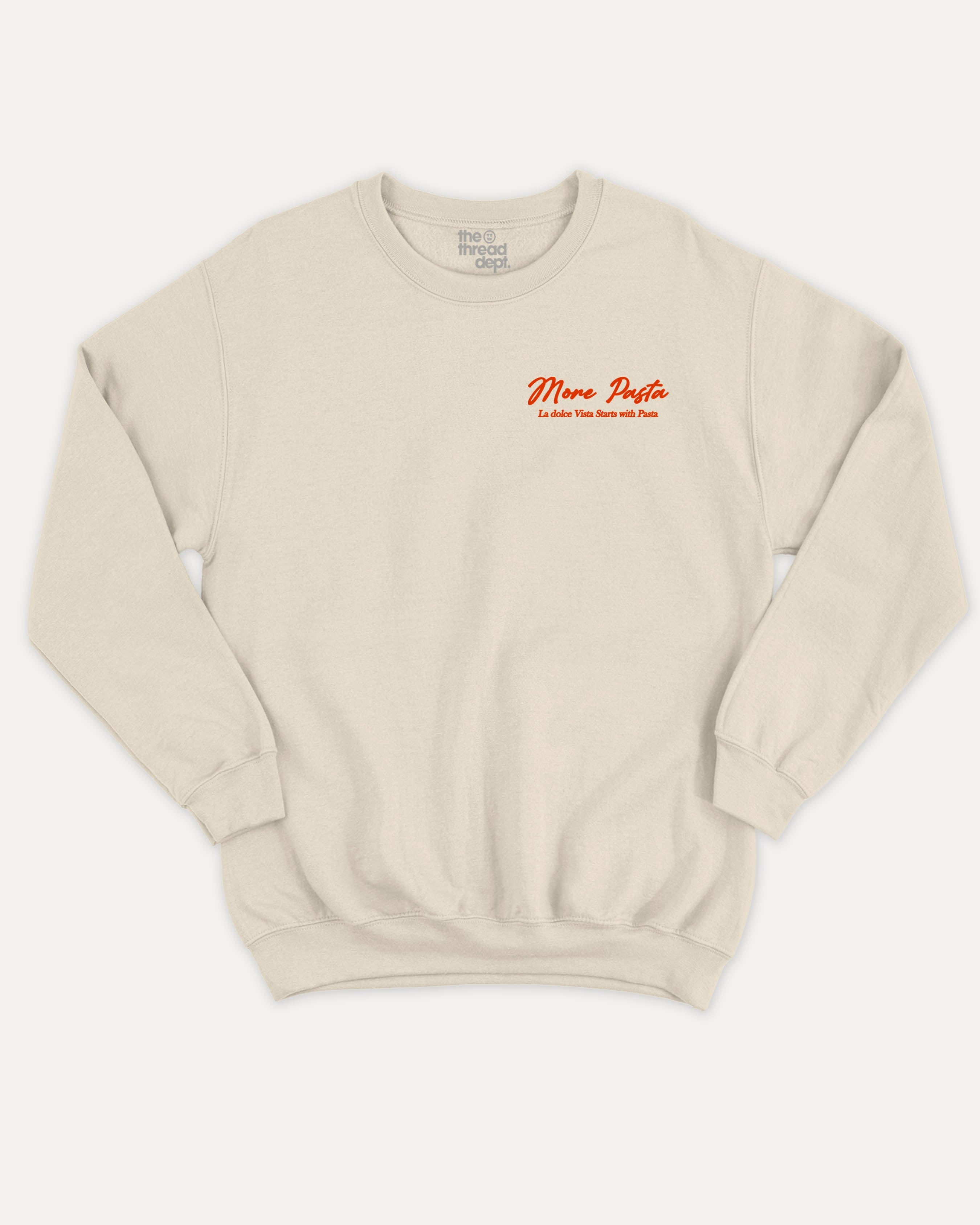 More Pasta graphic sweatshirt with bold and humorous print, Perfect Gift for Food Lover, Food Graphic T shirt, Pasta Lover Graphic Tee, warm and cozy graphic for everyday wear. Perfect for adults and gift-giving. Natural pullover.