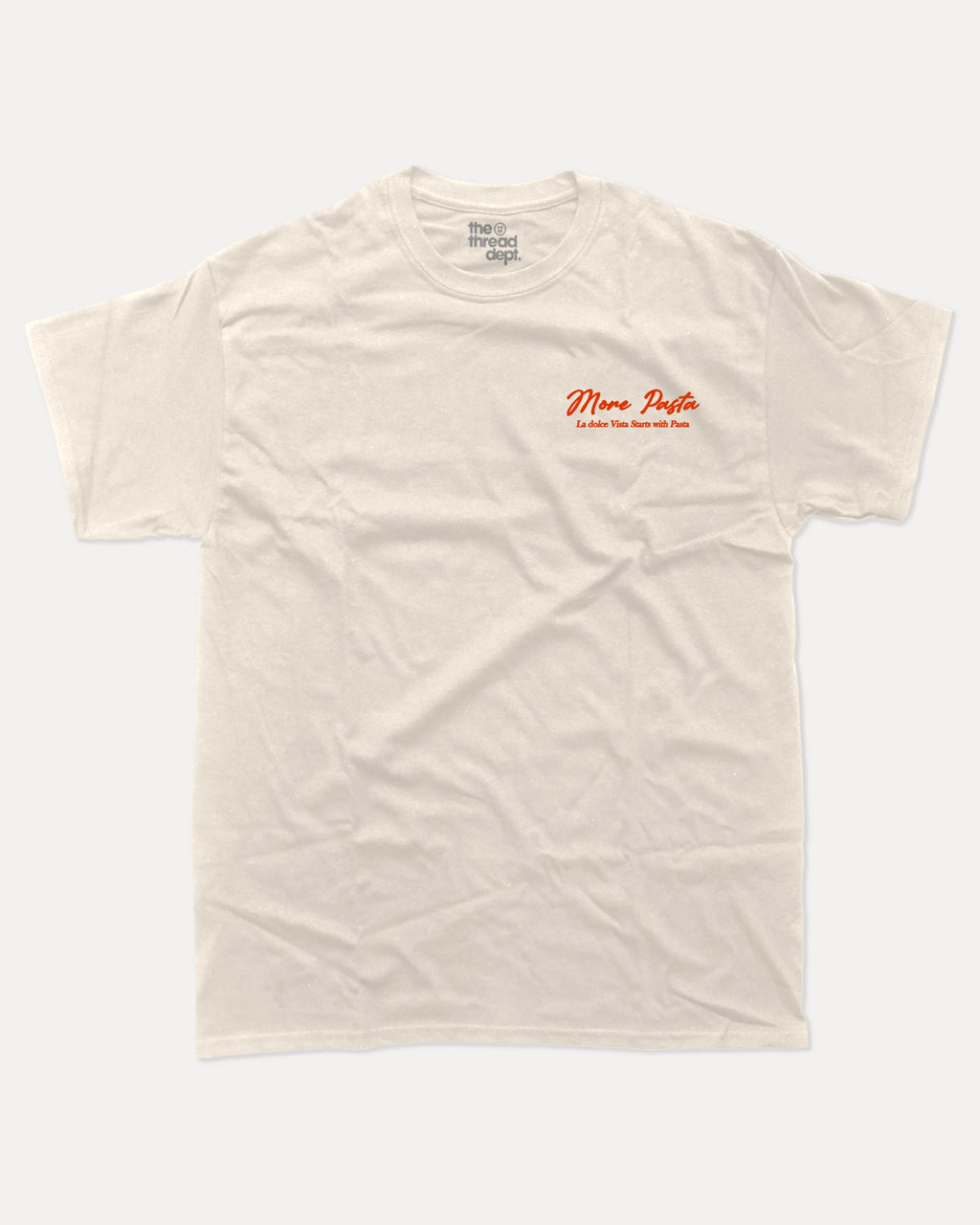 More Pasta graphic tee with bold and humorous print, Perfect Gift for Food Lover, Food Graphic T shirt, Pasta Lover Graphic Tee, funny and trendy graphic. Perfect for adults and gift-giving. Cream shirt.