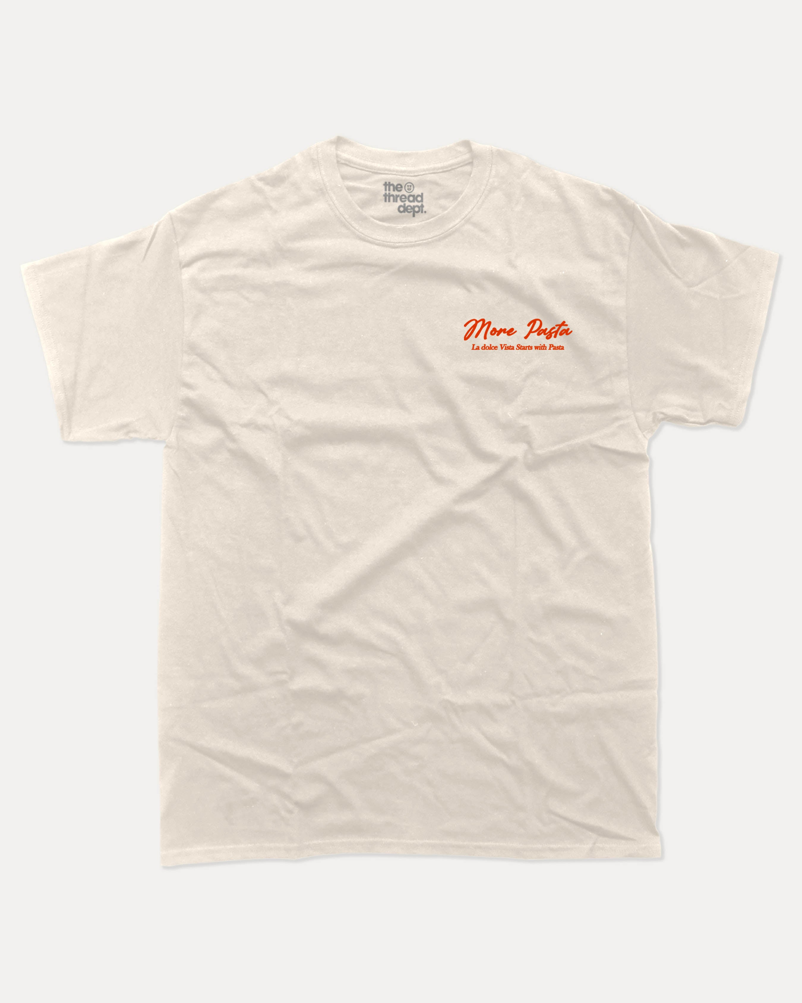 More Pasta graphic tee with bold and humorous print, Perfect Gift for Food Lover, Food Graphic T shirt, Pasta Lover Graphic Tee, funny and trendy graphic. Perfect for adults and gift-giving. Cream shirt.