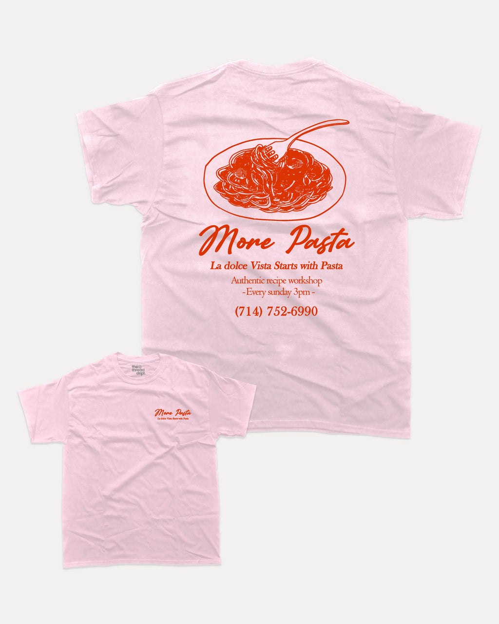 More Pasta graphic tee with bold and humorous print, Perfect Gift for Food Lover, Food Graphic T shirt, Pasta Lover Graphic Tee, funny and trendy graphic. Perfect for adults and gift-giving. Pink shirt.