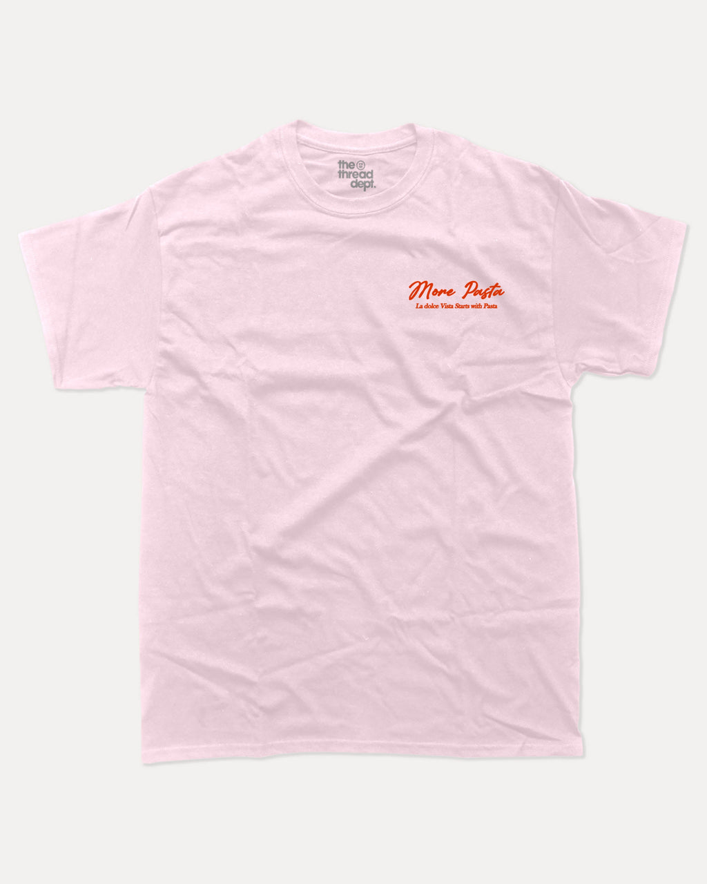 More Pasta graphic tee with bold and humorous print, Perfect Gift for Food Lover, Food Graphic T shirt, Pasta Lover Graphic Tee, funny and trendy graphic. Perfect for adults and gift-giving. Pink shirt.