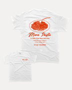 More Pasta graphic tee with bold and humorous print, Perfect Gift for Food Lover, Food Graphic T shirt, Pasta Lover Graphic Tee, funny and trendy graphic. Perfect for adults and gift-giving. White shirt.