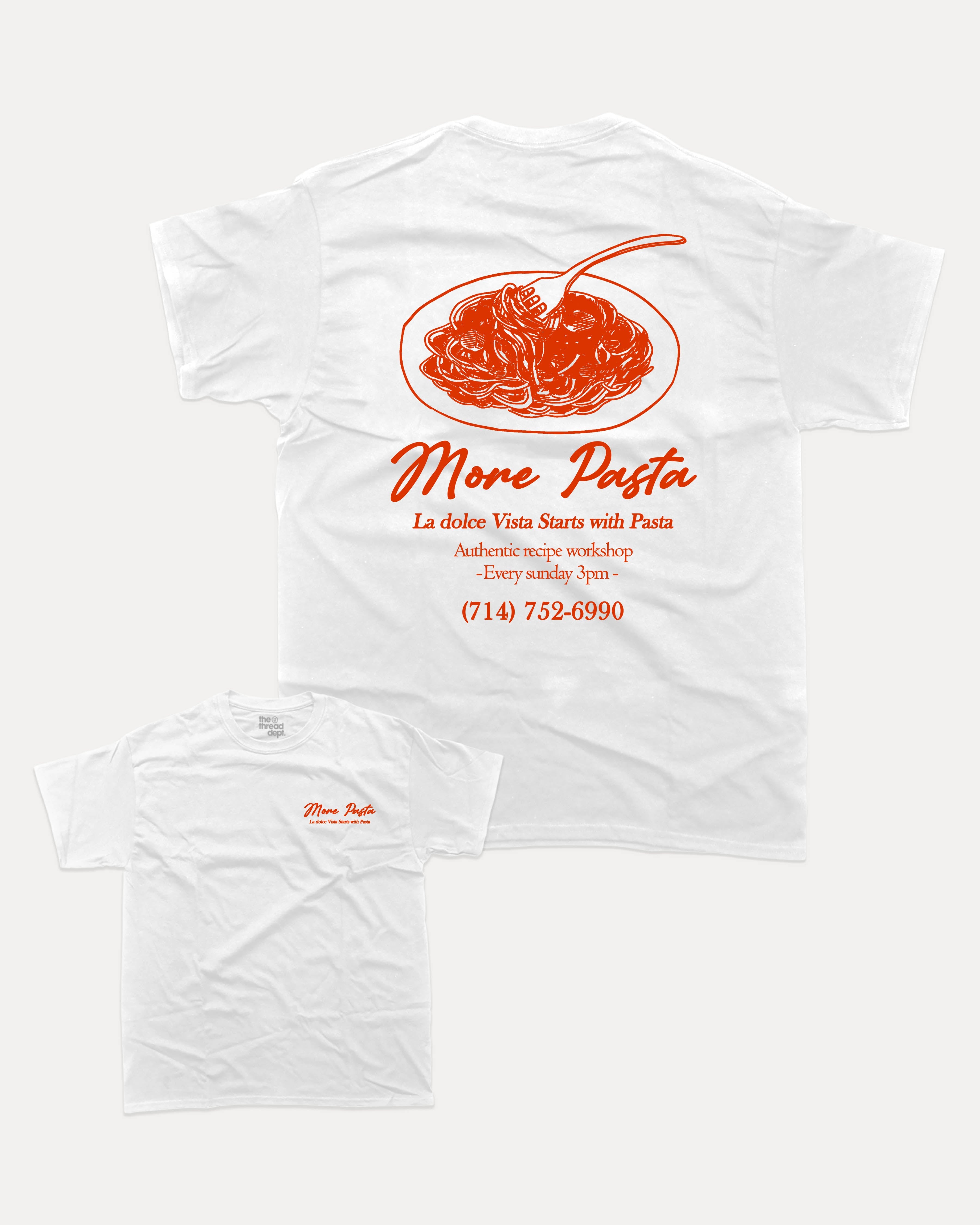 More Pasta graphic tee with bold and humorous print, Perfect Gift for Food Lover, Food Graphic T shirt, Pasta Lover Graphic Tee, funny and trendy graphic. Perfect for adults and gift-giving. White shirt.