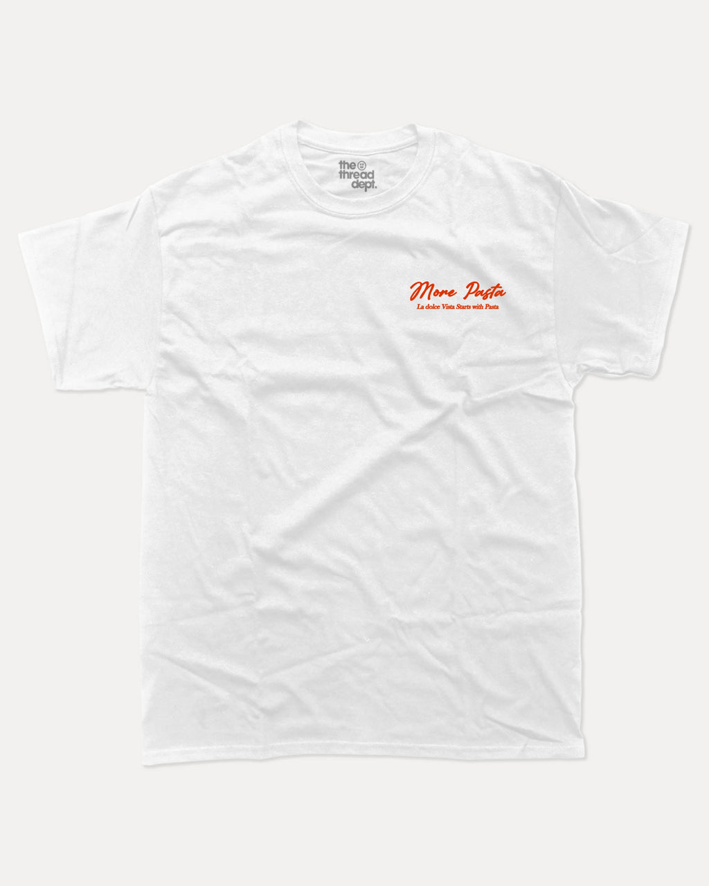 More Pasta graphic tee with bold and humorous print, Perfect Gift for Food Lover, Food Graphic T shirt, Pasta Lover Graphic Tee, funny and trendy graphic. Perfect for adults and gift-giving. White shirt.