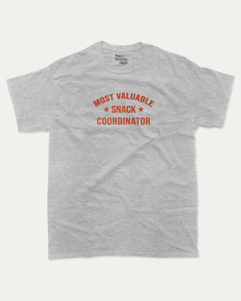 Most Valuable Snack Coordinator graphic tee with bold and humorous print, funny and trendy graphic. Food Lover Graphic T shirt, Snack Lover T shirt, Perfect for adults and gift-giving. Heather Grey shirt.