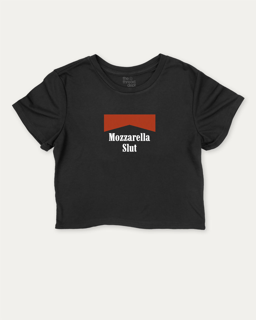 Mozzarella Slut graphic crop tee with funny and trendy slogan print, perfect for women_ casual looks or layering. Black crop t-shirt.