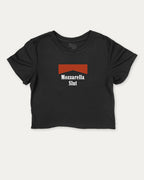 Mozzarella Slut graphic crop tee with funny and trendy slogan print, perfect for women_ casual looks or layering. Black crop t-shirt.