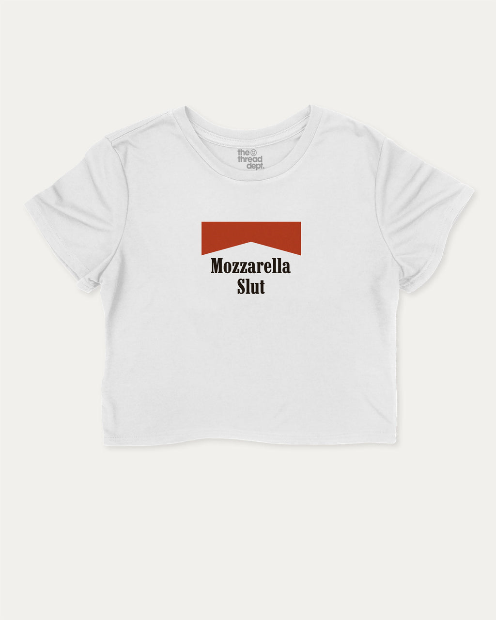 Mozzarella Slut graphic crop tee with funny and trendy slogan print, perfect for women_ casual looks or layering. White crop t-shirt.