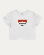 Mozzarella Slut graphic crop tee with funny and trendy slogan print, perfect for women_ casual looks or layering. White crop t-shirt.