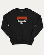Mozzarella Slut graphic sweatshirt with bold and humorous print, warm and cozy graphic for everyday wear. Perfect for adults and gift-giving. Black pullover.