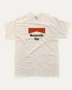 Mozzarella Slut graphic tee with bold and humorous print, funny food graphic. Perfect for adults and gift-giving. Cream shirt.