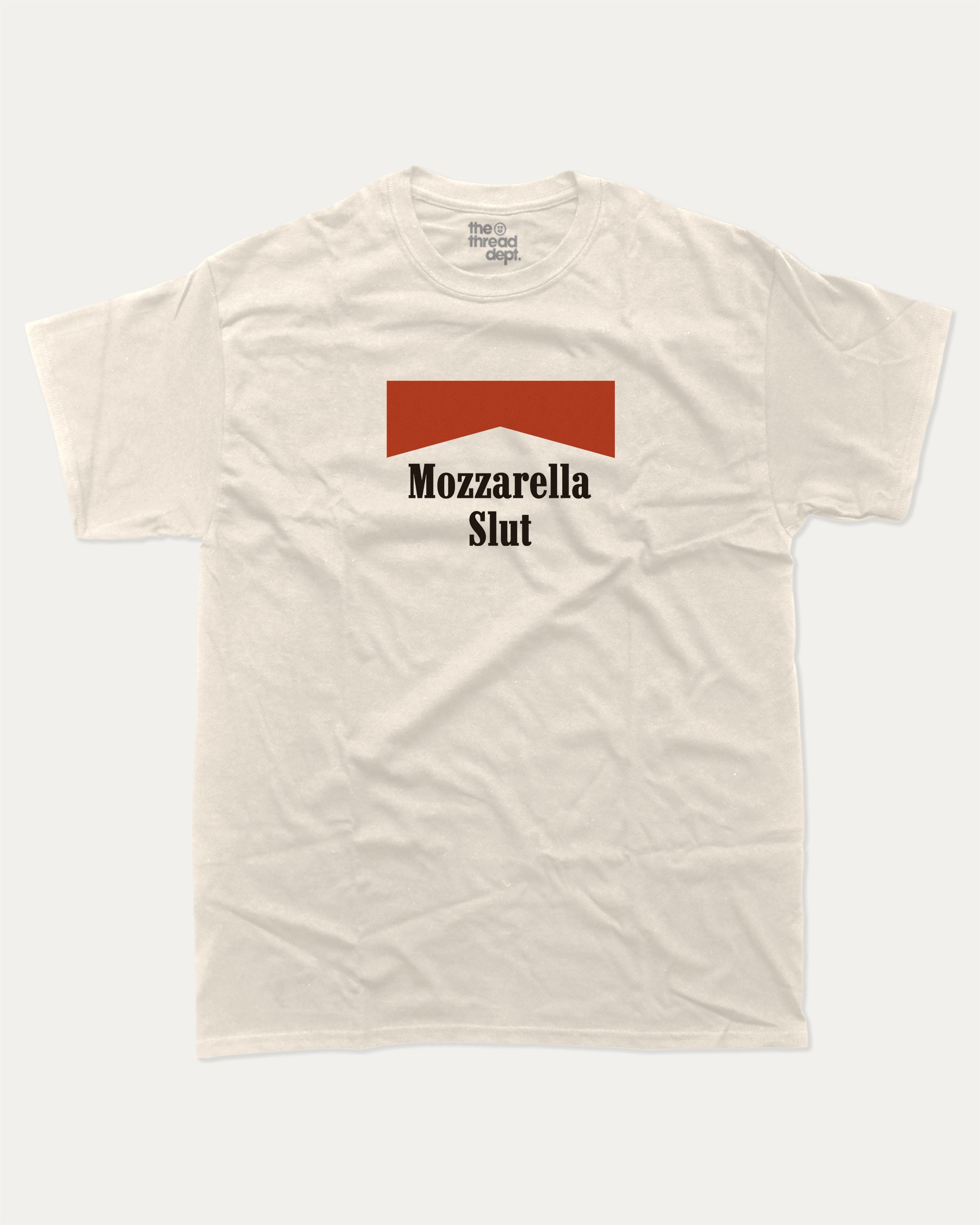 Mozzarella Slut graphic tee with bold and humorous print, funny food graphic. Perfect for adults and gift-giving. Cream shirt.