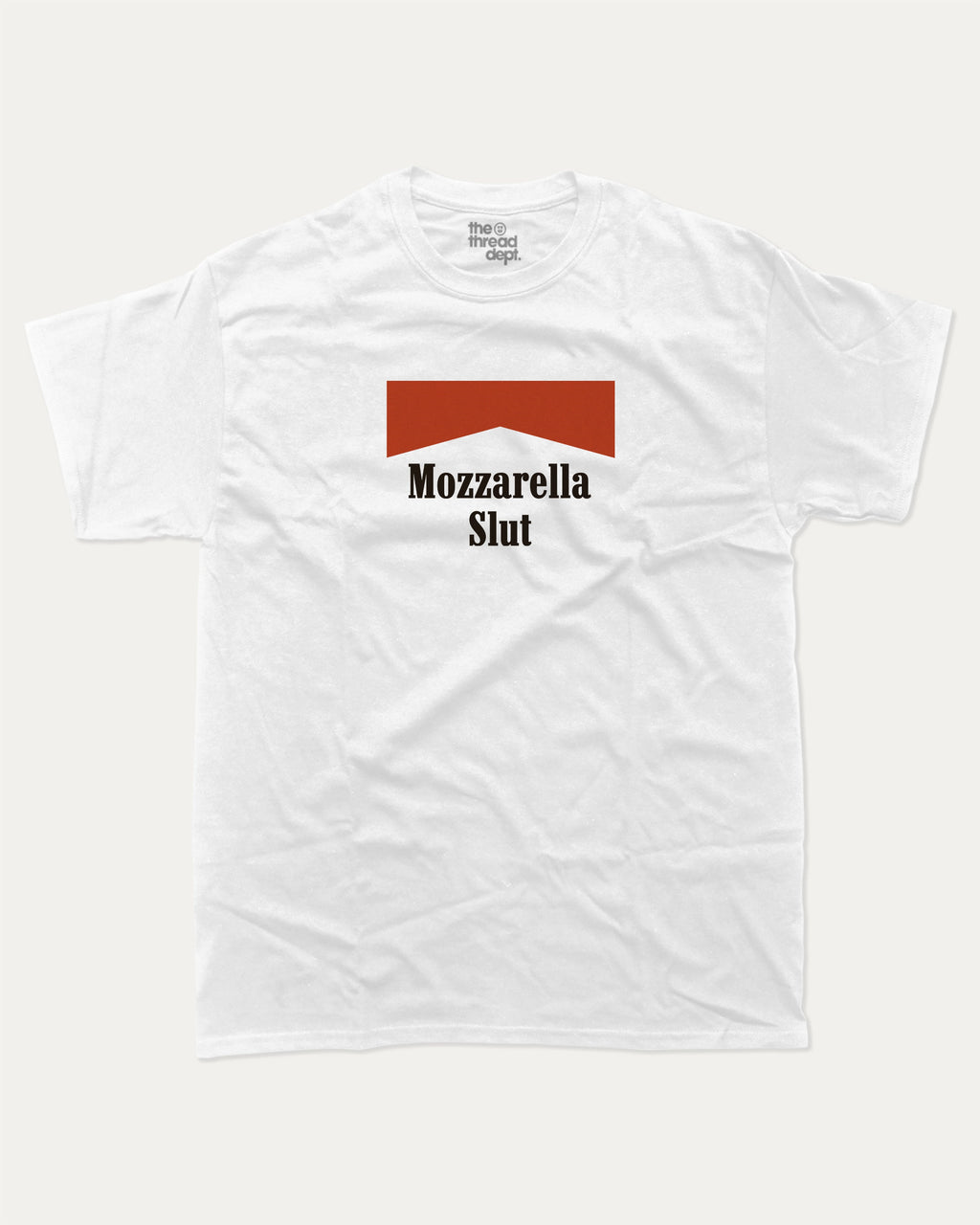 Mozzarella Slut graphic tee with bold and humorous print, funny food graphic. Perfect for adults and gift-giving. White shirt.
