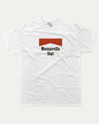Mozzarella Slut graphic tee with bold and humorous print, funny food graphic. Perfect for adults and gift-giving. White shirt.
