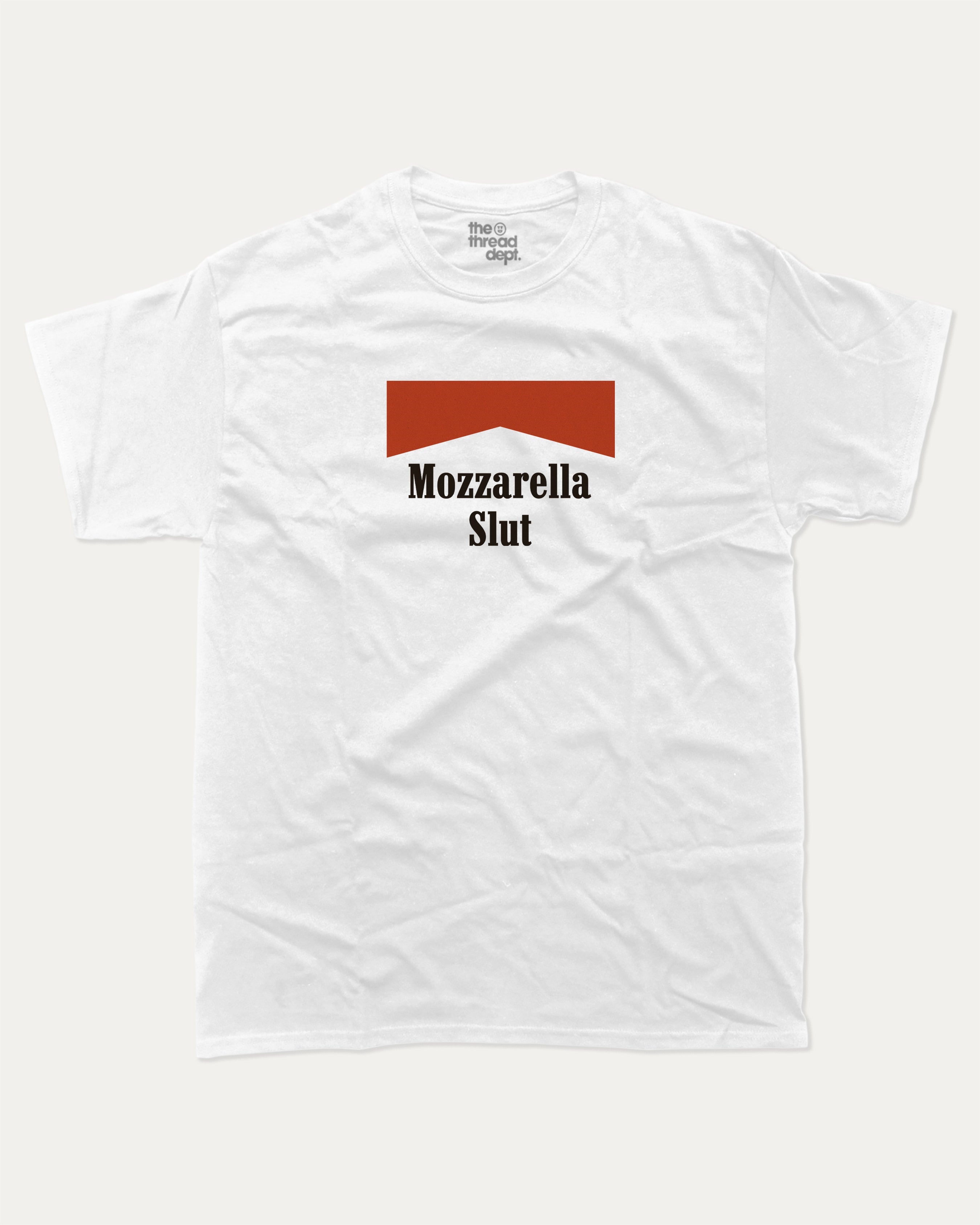 Mozzarella Slut graphic tee with bold and humorous print, funny food graphic. Perfect for adults and gift-giving. White shirt.