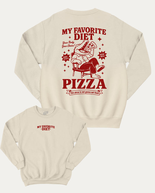 My Favorite Diet Pizza graphic sweatshirt with bold and humorous print, warm and cozy graphic for everyday wear. Perfect for adults and gift-giving. Natural pullover.