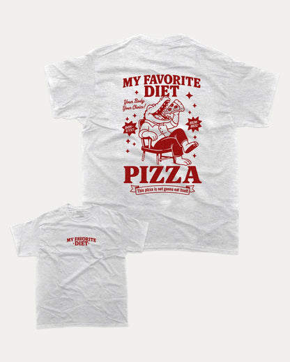 My Favorite Diet Pizza graphic tee with bold and humorous print, funny and trendy graphic. Perfect Gift for Food Lover, Pizza Graphic T shirt, Craving Graphic T shirt, Snack Graphic T shirt,  Perfect for adults and gift-giving. Ash Grey shirt.