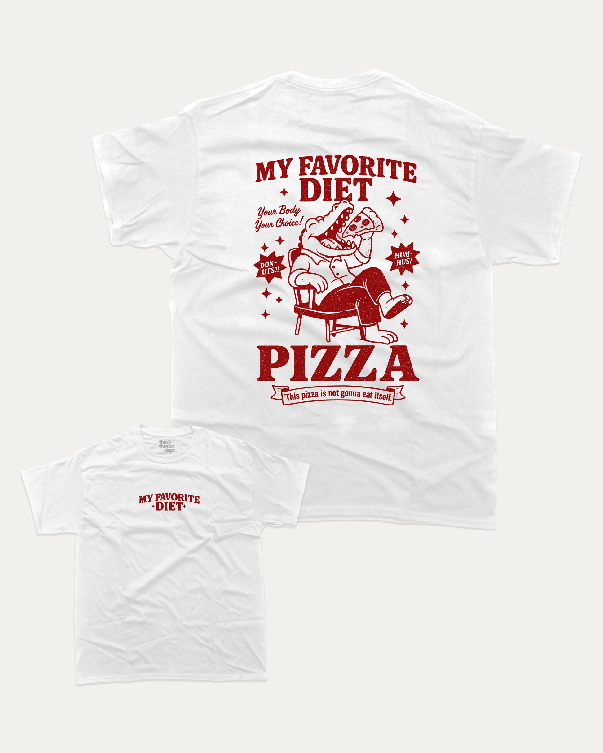 My Favorite Diet Pizza graphic tee with bold and humorous print, funny and trendy graphic. Perfect Gift for Food Lover, Pizza Graphic T shirt, Craving Graphic T shirt, Snack Graphic T shirt,  Perfect for adults and gift-giving. White shirt.
