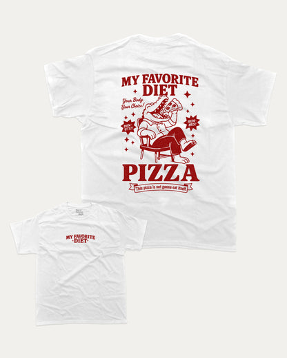 My Favorite Diet Pizza graphic tee with bold and humorous print, funny and trendy graphic. Perfect Gift for Food Lover, Pizza Graphic T shirt, Craving Graphic T shirt, Snack Graphic T shirt,  Perfect for adults and gift-giving. White shirt.