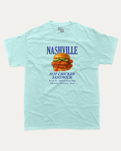 Nashville Hot Chicken Sandwich graphic t-shirt, Food Graphic T shirt,  A must-have funny tee, trending meme shirt, unique gift idea. Celadon.
