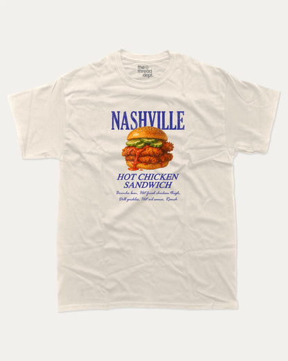 Nashville Hot Chicken Sandwich graphic t-shirt, Food Graphic T shirt,  A must-have funny tee, trending meme shirt, unique gift idea. Cream.