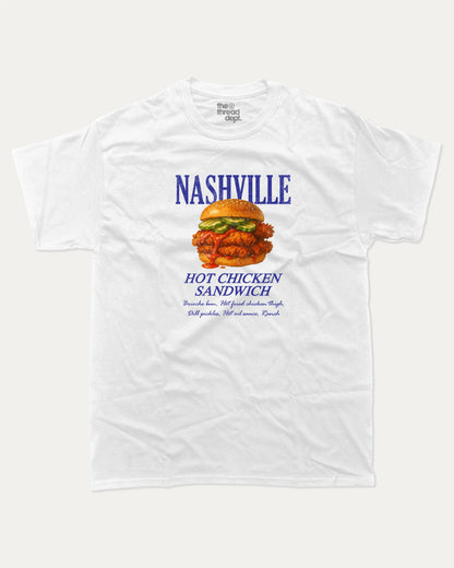 Nashville Hot Chicken Sandwich graphic t-shirt, Food Graphic T shirt,  A must-have funny tee, trending meme shirt, unique gift idea. White.