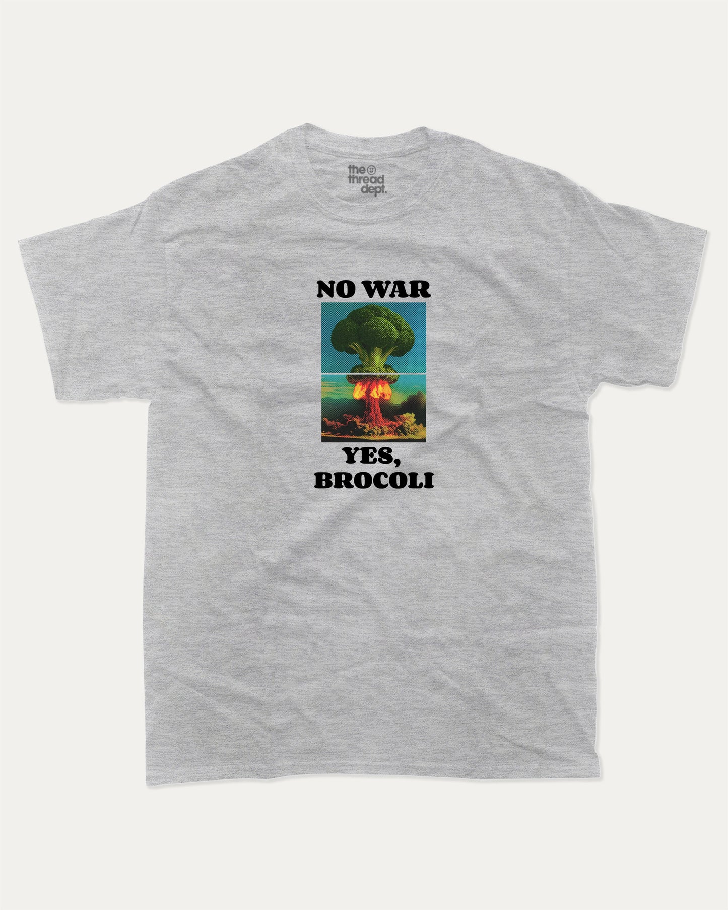 No War Yes Brocoli graphic t-shirt, Food Graphic T shirt, Funny Food T shirt, A must-have funny tee, trending meme shirt, unique gift idea. Heather Grey.
