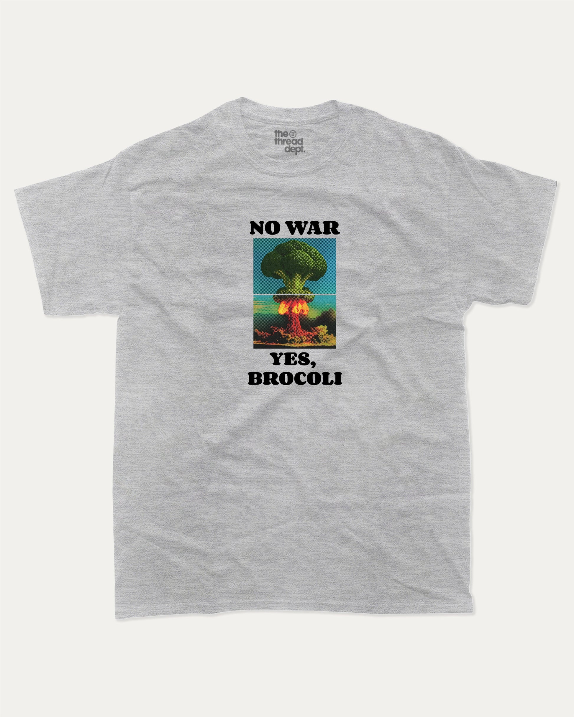 No War Yes Brocoli graphic t-shirt, Food Graphic T shirt, Funny Food T shirt, A must-have funny tee, trending meme shirt, unique gift idea. Heather Grey.