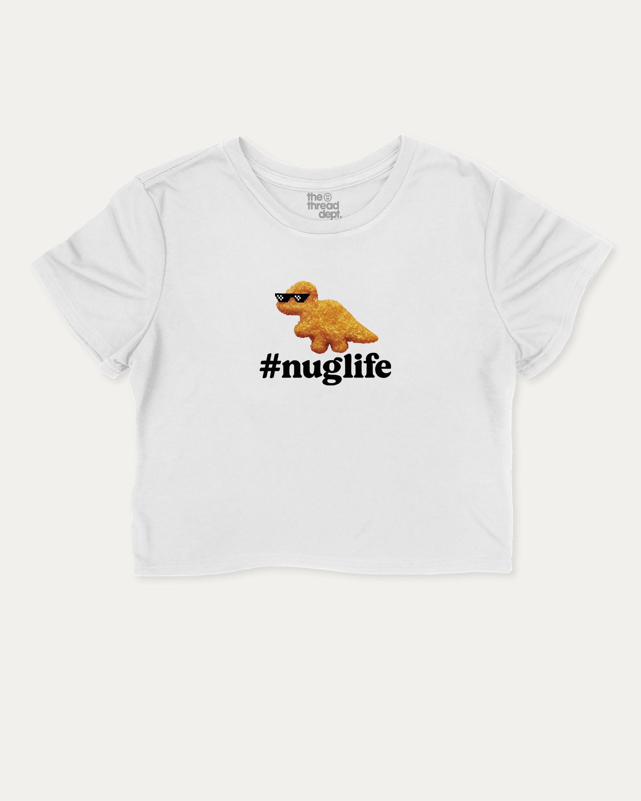 Nuglife graphic crop tee with funny nugget print, perfect for women_ casual looks or layering. White crop t-shirt.
