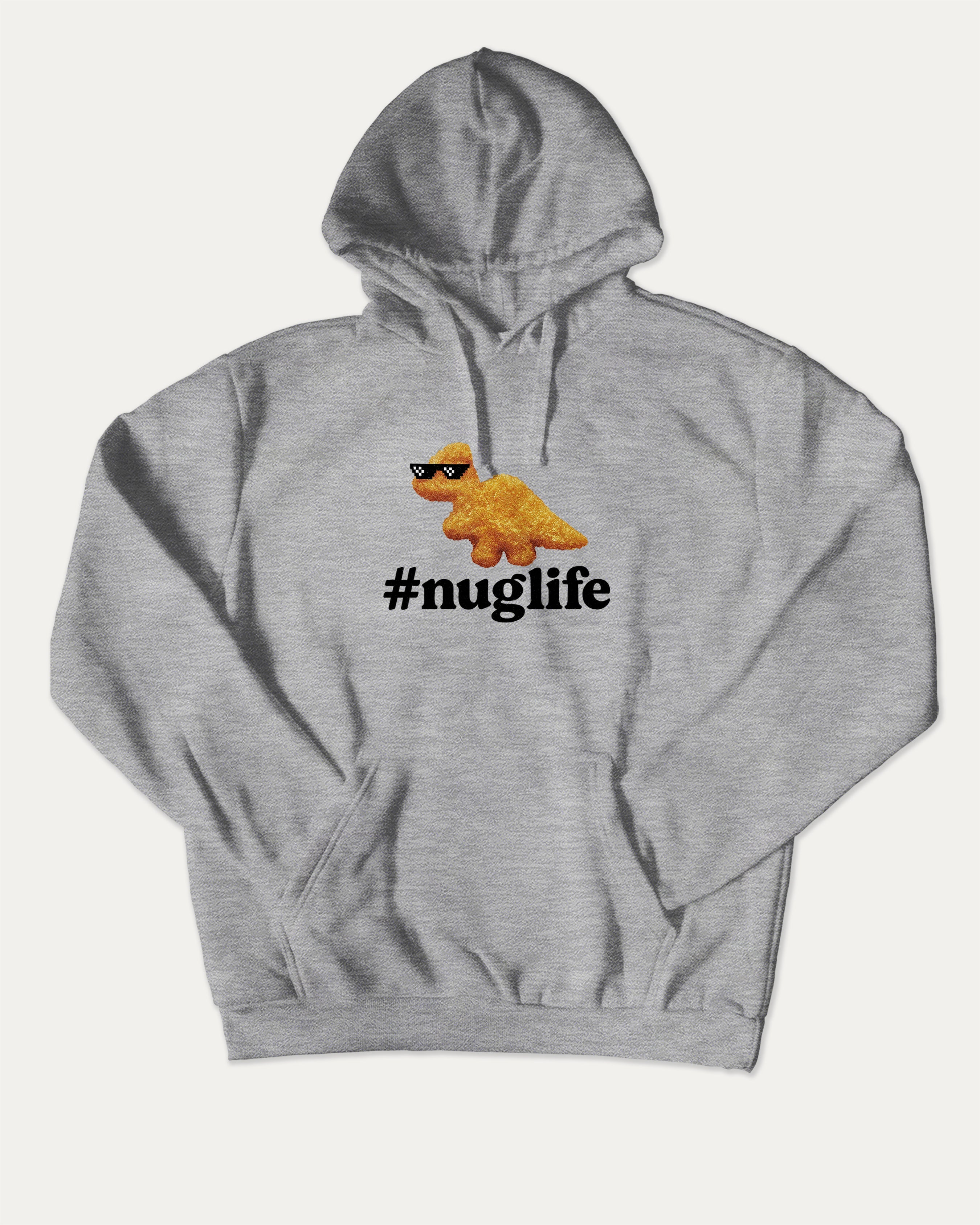 Nuglife graphic hoodie with funny and cute artwork, casual streetwear with bold personality. Great for adults and gifting. Heather Grey hoodie.
