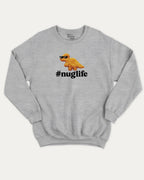 Nuglife graphic sweatshirt with cute and humorous print, warm and cozy graphic for everyday wear. Perfect for adults and gift-giving. Heather Grey pullover.
