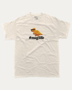 Nuglife graphic tee with bold and humorous print, funny nugget graphic. Perfect for adults and gift-giving. Cream shirt.