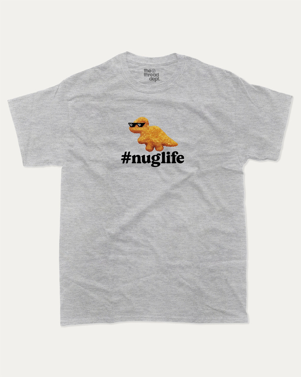 Nuglife graphic tee with bold and humorous print, funny nugget graphic. Perfect for adults and gift-giving. Heather Grey shirt.