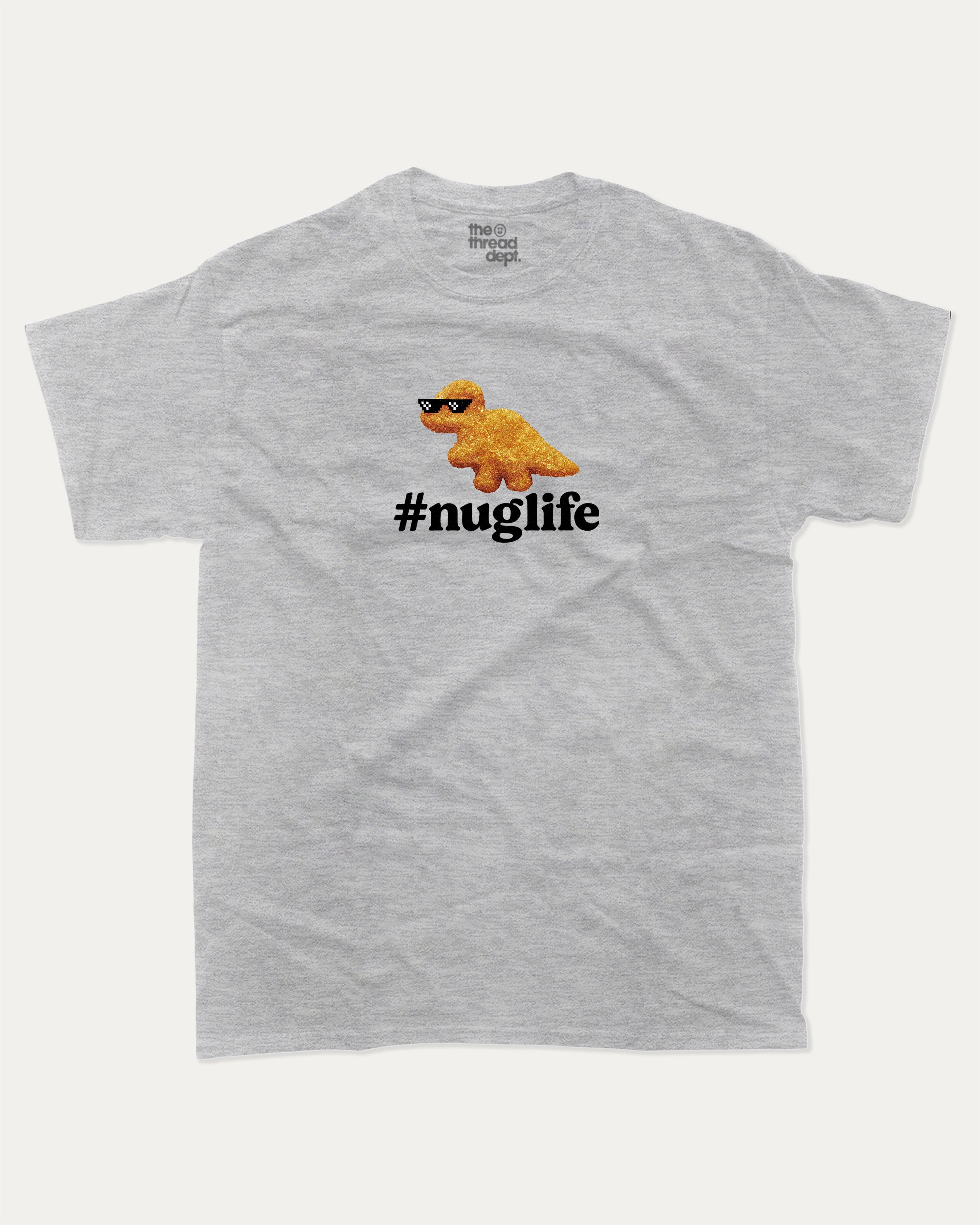 Nuglife graphic tee with bold and humorous print, funny nugget graphic. Perfect for adults and gift-giving. Heather Grey shirt.