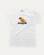 Nuglife graphic tee with bold and humorous print, funny nugget graphic. Perfect for adults and gift-giving. White shirt.