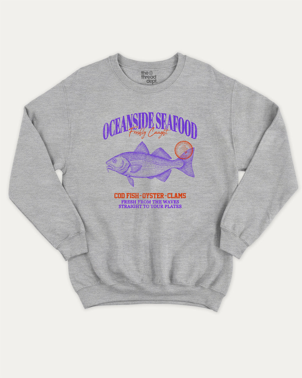 Oceanside Seafood graphic sweatshirt with bold and humorous print, Food Graphic Tee, Seafood Lover, Retro Inspired Graphic T shirt, Cute Retro Vintage Graphic T shirt, warm and cozy graphic for everyday wear. Perfect for adults and gift-giving. Heather Grey pullover.