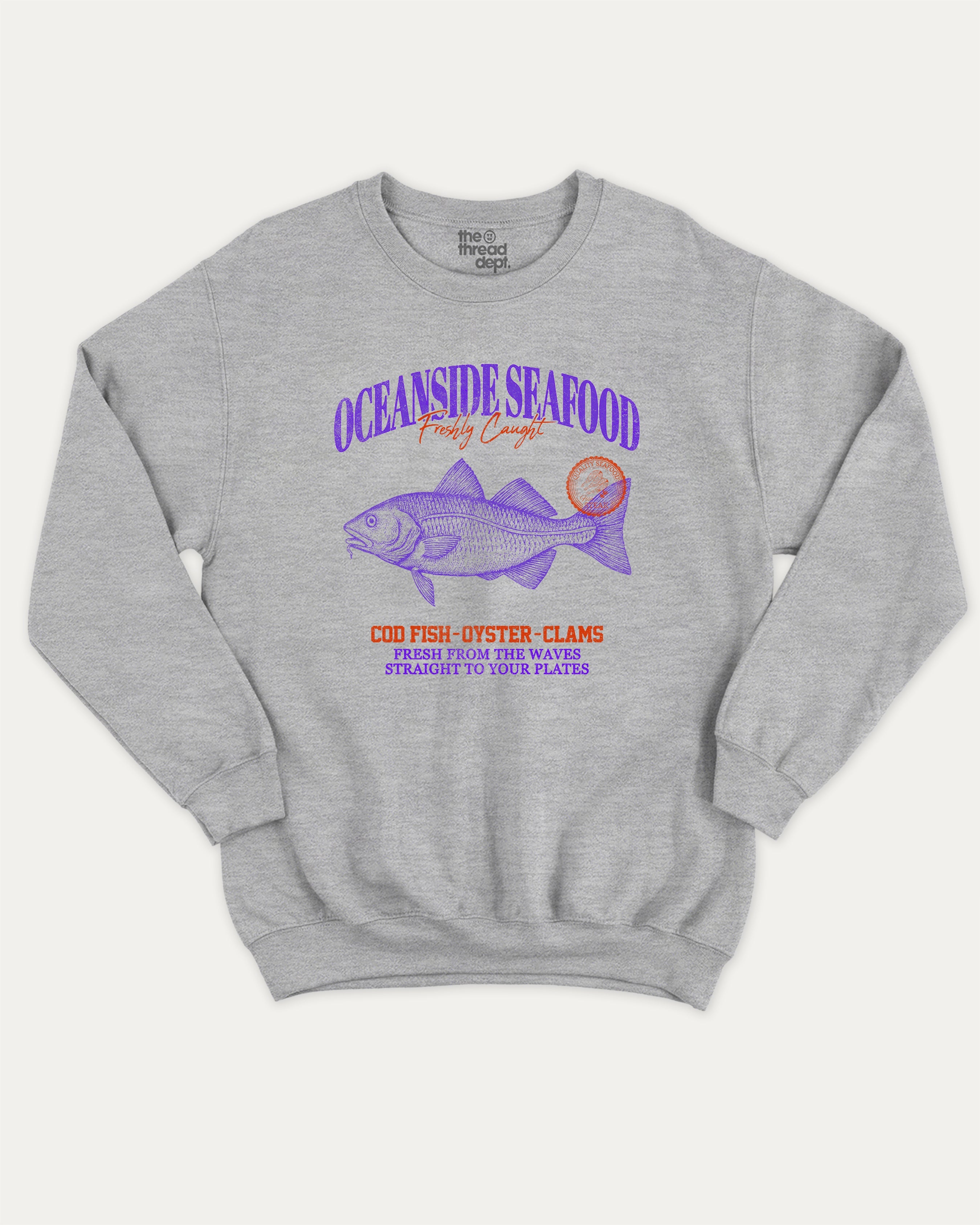 Oceanside Seafood graphic sweatshirt with bold and humorous print, Food Graphic Tee, Seafood Lover, Retro Inspired Graphic T shirt, Cute Retro Vintage Graphic T shirt, warm and cozy graphic for everyday wear. Perfect for adults and gift-giving. Heather Grey pullover.