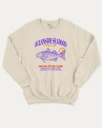 Oceanside Seafood graphic sweatshirt with bold and humorous print, Food Graphic Tee, Seafood Lover, Retro Inspired Graphic T shirt, Cute Retro Vintage Graphic T shirt, warm and cozy graphic for everyday wear. Perfect for adults and gift-giving. Natural pullover.