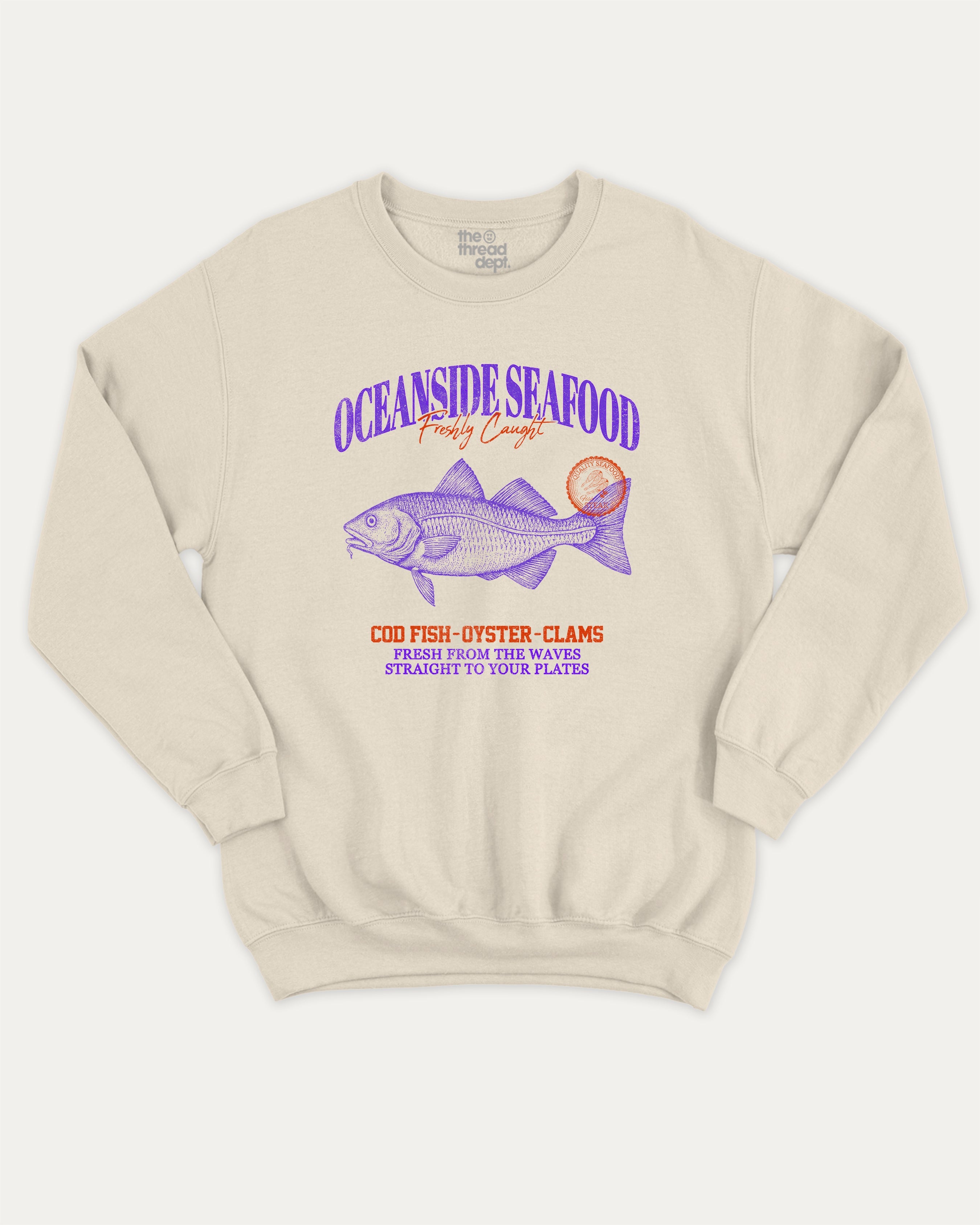 Oceanside Seafood graphic sweatshirt with bold and humorous print, Food Graphic Tee, Seafood Lover, Retro Inspired Graphic T shirt, Cute Retro Vintage Graphic T shirt, warm and cozy graphic for everyday wear. Perfect for adults and gift-giving. Natural pullover.